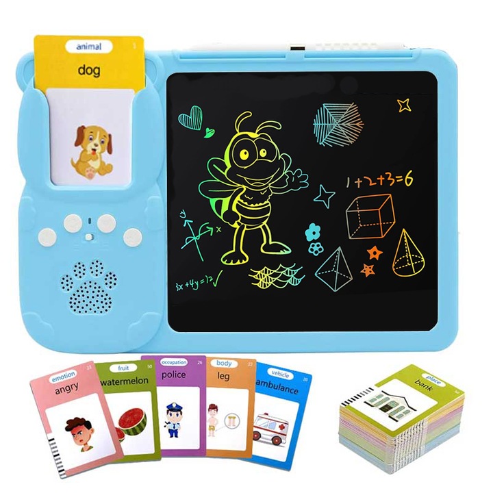 Jucarii educationale interactive Montessori pentru copii Tabla de desen stergatoare Set de masina pentru invatarea cuvintelor in limba engleza 224 de cuvinte si 112 carduri Incarcare MicroUSB Cadou de ziua de nastere pentru baieti si fete de 3ani+Albastru