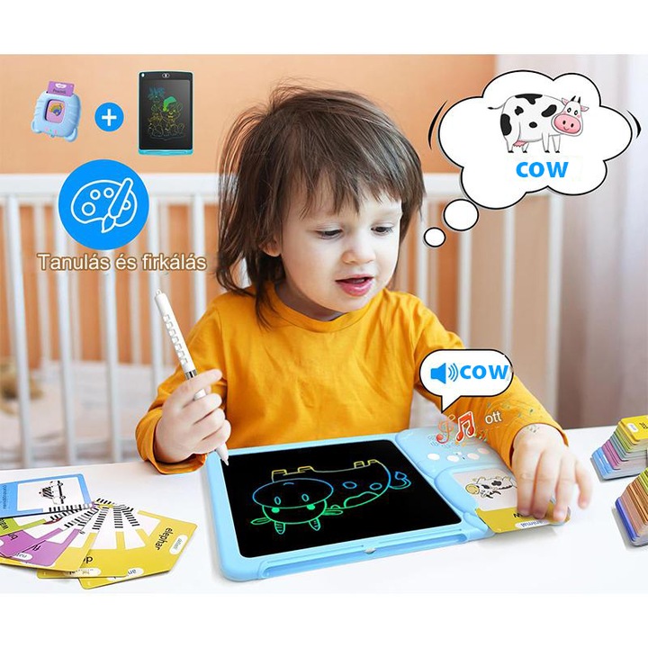 Montessori interaktív oktatási kártyarajzoló tábla, ütésálló, korai tanulás, 224 szó, USB-C töltés, kék, 2-6 éves gyerekeknek
