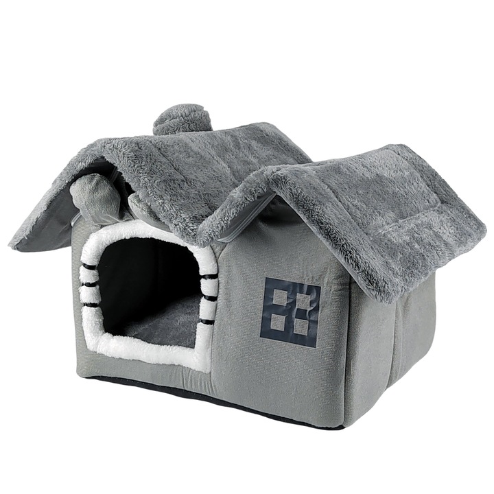 Casa pentru pisici de plus Happy Meow, MEEQIAO, 39x32x34cm, detasabila, gri