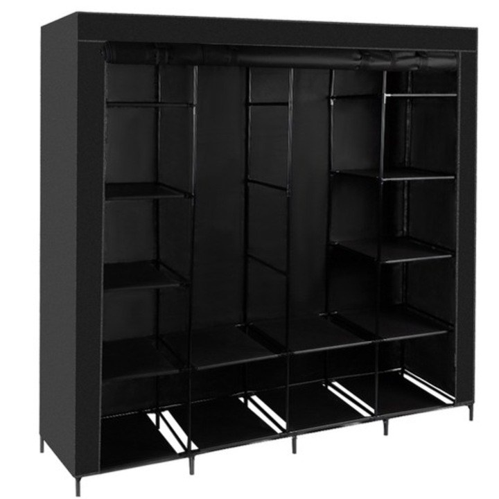 Organizator imbracaminte, Ruhhy, textil/fier, 14 rafturi, 2 bare de uscare, negru, 170x42x170cm