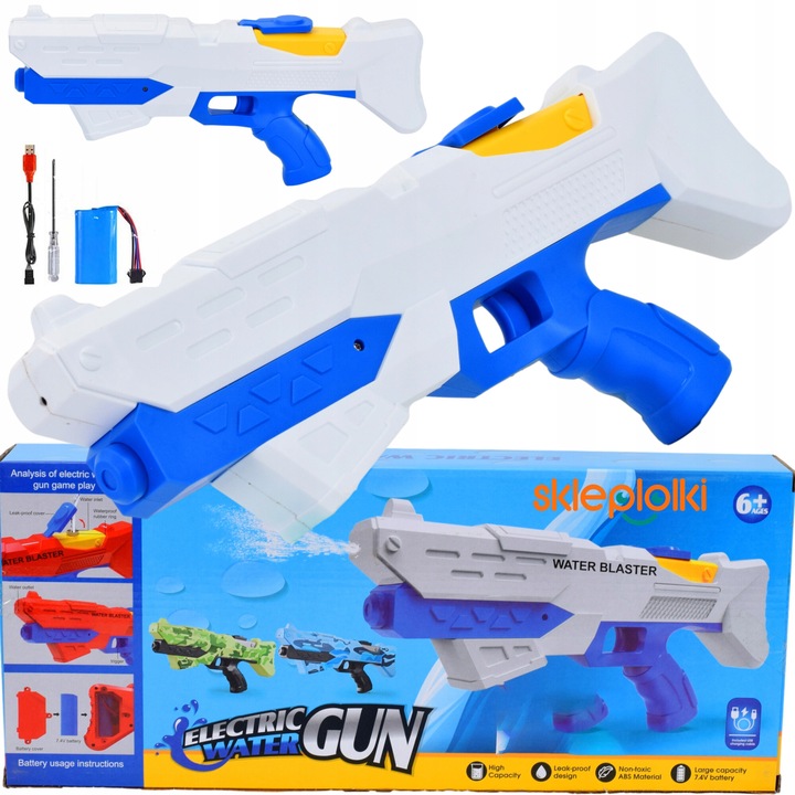 Pistol cu apa, Lolex, Electric, Pentru copii, Incarcare USB, Raza de actiune pana la 12 m, Alb/Albastru