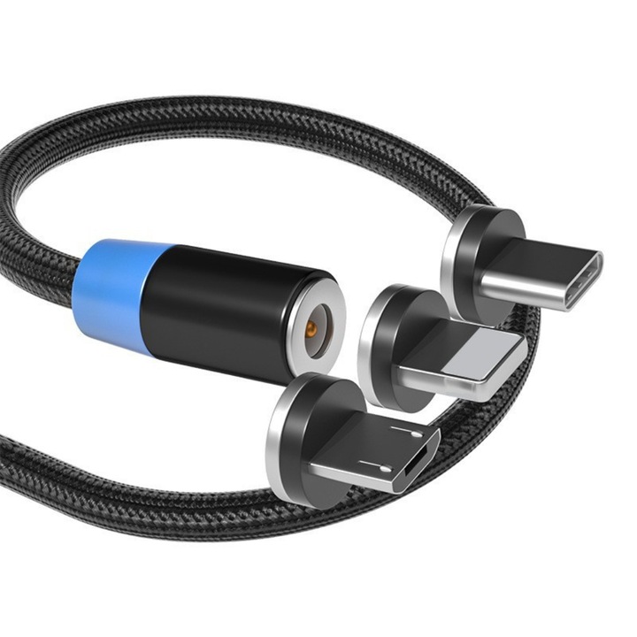 Кабел за бързо зареждане, SDEPOT®, мобилен щепсел 360 градуса, магнитен конектор, 2000 mm, черен