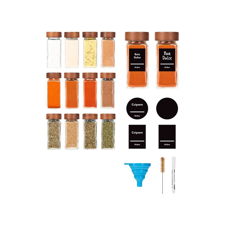 Set 12 sticlute condimente, Ordino, capac lemn Acacia, sticla, etichete in RO, palnie, marker, periuta