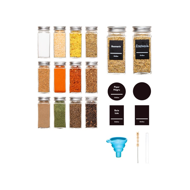Set 12 sticlute condimente, Ordino, capac aluminiu, sticla, etichete in RO, palnie, marker, periuta