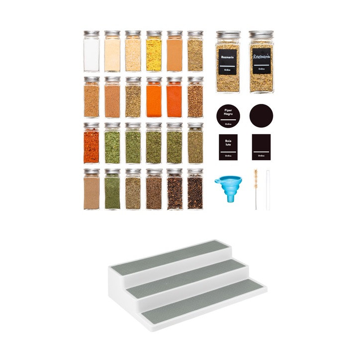 Set 24 sticlute condimente, Ordino, capac aluminiu, sticla, etichete in RO, palnie, marker, periuta, cu suport etajat inclus