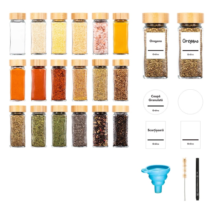 Set 18 sticlute condimente, Ordino, capac bambus, sticla, etichete in RO, palnie, marker, periuta