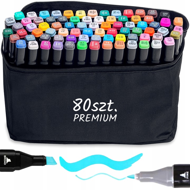 Set 80 markere alcoolice DLED, dublu varf, 3-6mm/1-2mm, multicolor, etui inclus