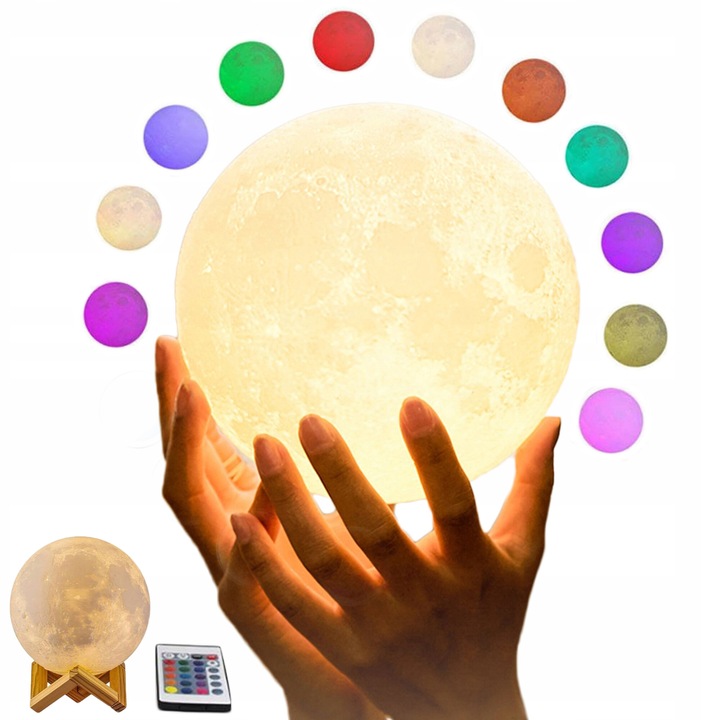 Lampa de veghe 3D, DLED, Luna, 48cm, alb cald/ alb rece, cu telecomanda, set complet