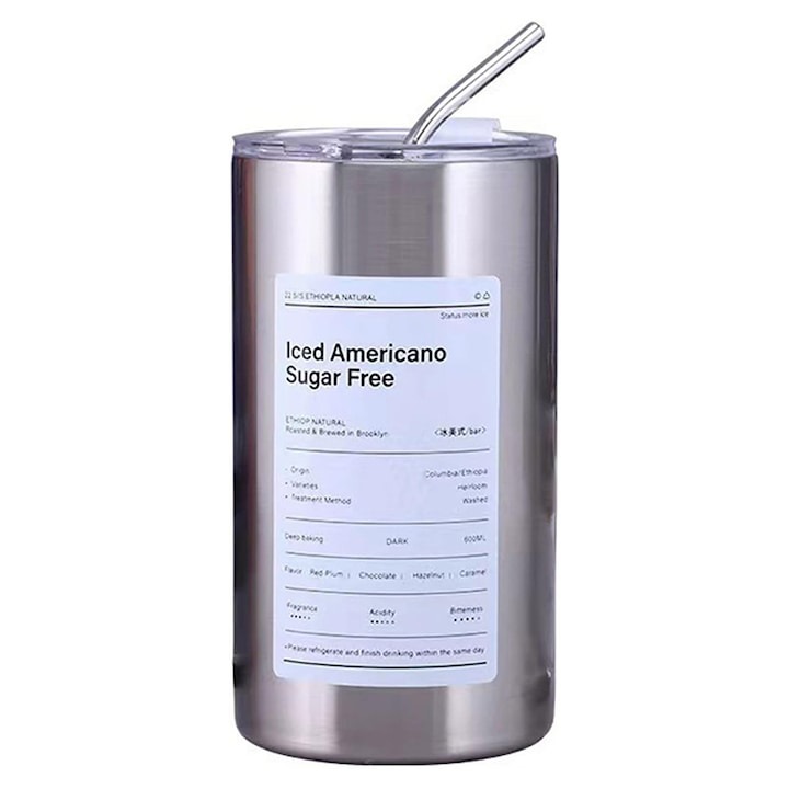 Cana termos cu paie, inox, capacitate 600ml, argintiu