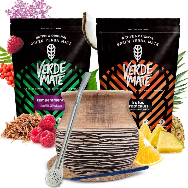 Yerba Mate Tea Készlet Verde Mate, Frutos Tropicales, Temperamento, 2x500g, Trópusi Energia 1kg, Bögre Anciento, 375ml, Bombilla