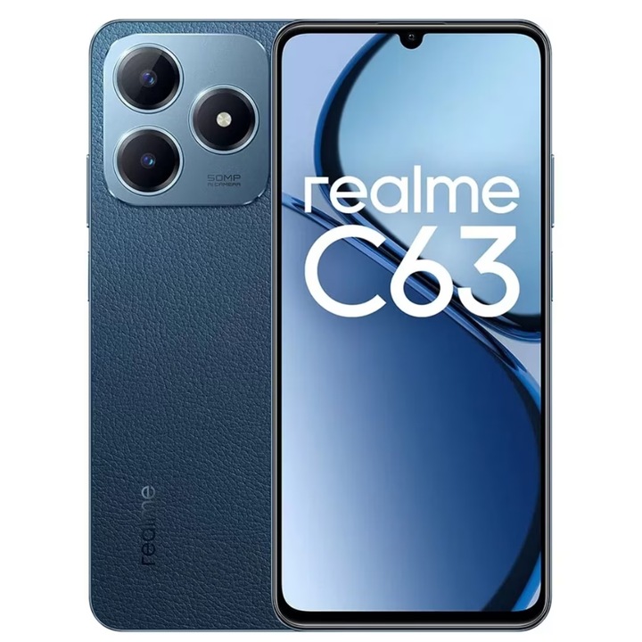 Realme C63 okostelefon, 8 GB RAM, 256 GB, kék bőr, két SIM, 4G, RO-ALERT