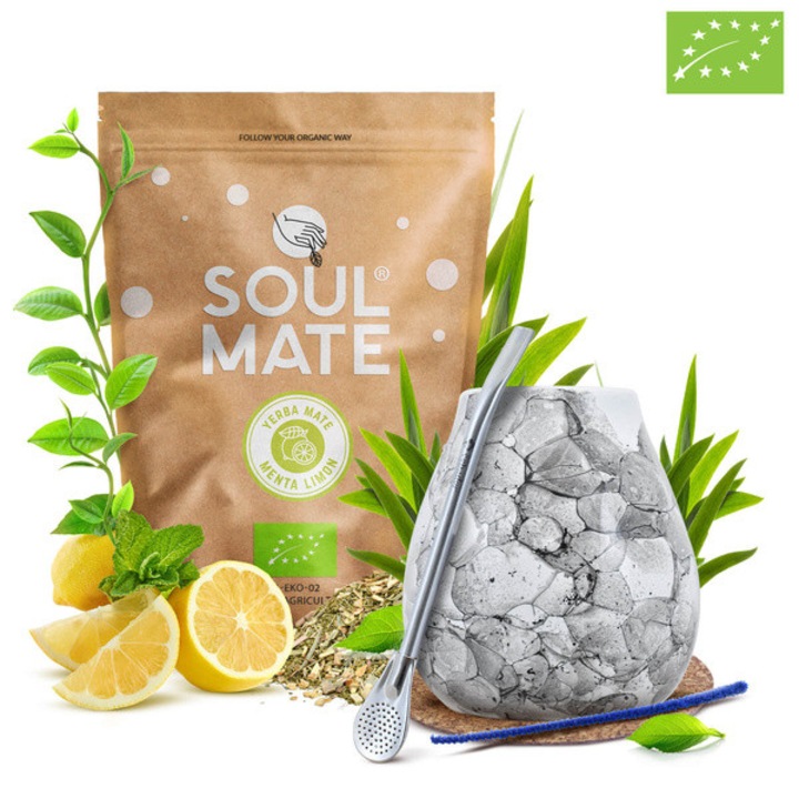 Ceai Yerba Mate Set, Soul Mate Organica Menta Limon 500g, Cana 300 ml, Bombilla