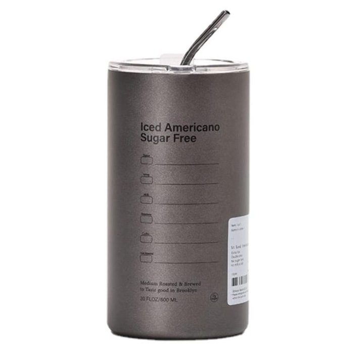 Cana termos din inox, 600ml, cu capac si pai, design creativ, gri