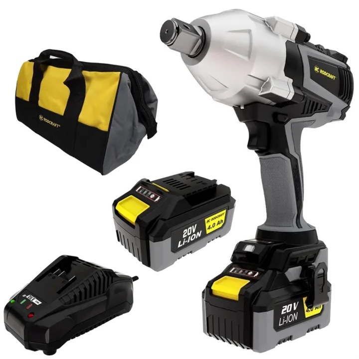 Set pistol de insurubat cu impact + 2 acumulatori 4Ah + incarcator + geanta transport, Rodcraft RC9087K4, cap patrat 3/4", turatie 1700rpm, cuplu maxim 1500Nm