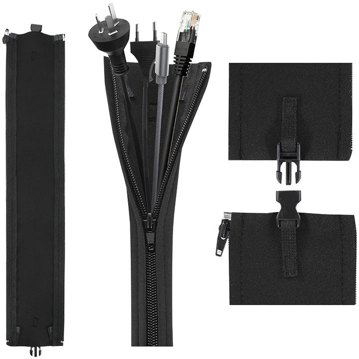 Organizator cabluri cu fermoar, Minetgnon®, diametru 9cm, 50cm, Negru