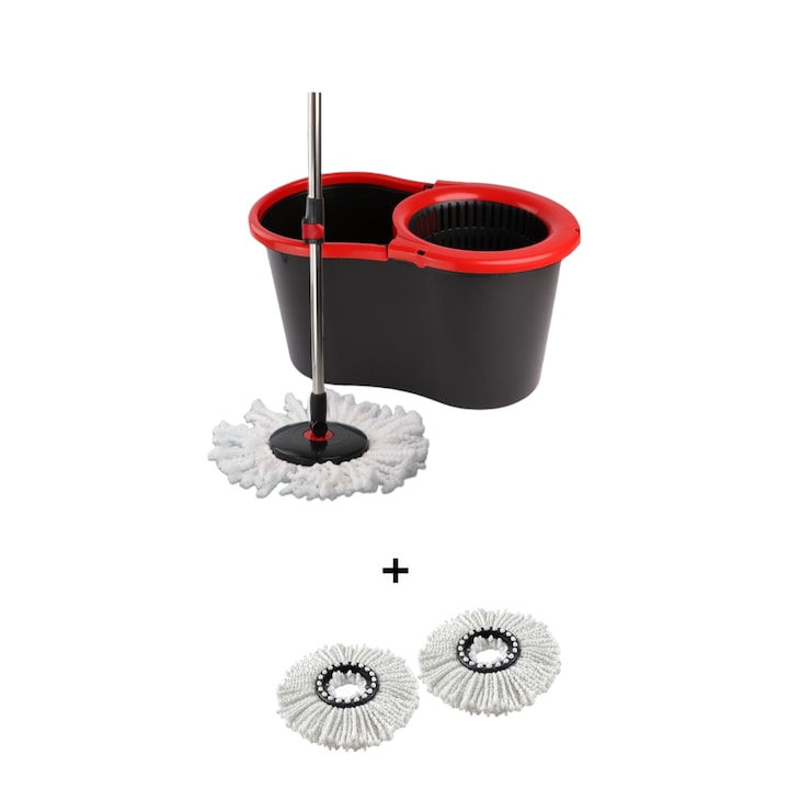 Galeata cu Storcator si Mop Rotativ, Coada Mop Metal Telescopia, 360 grade Rotatie Mop, Capacitate Galeata 14 LT, Rezerva Mop, Negru + 2 rezerve mop