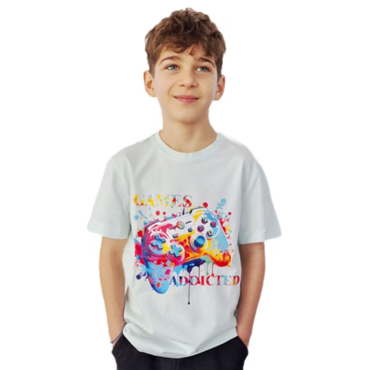 Gyermek póló, személyre szabott, "Games Addicted" logó, 100% pamut, 158 cm/12 év, ködös menta zöld