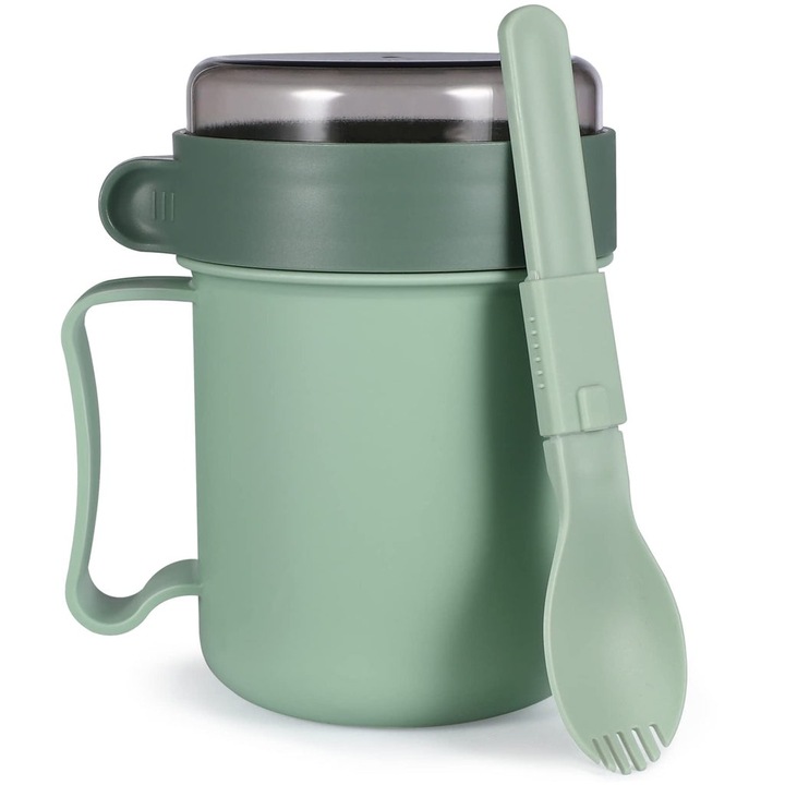 Bol de supa sau bauturi calde, tacam inclus, polipropilena, non-toxic, inodor, compatibil cu cuptorul cu microunde, 13.5 x 9 cm, verde