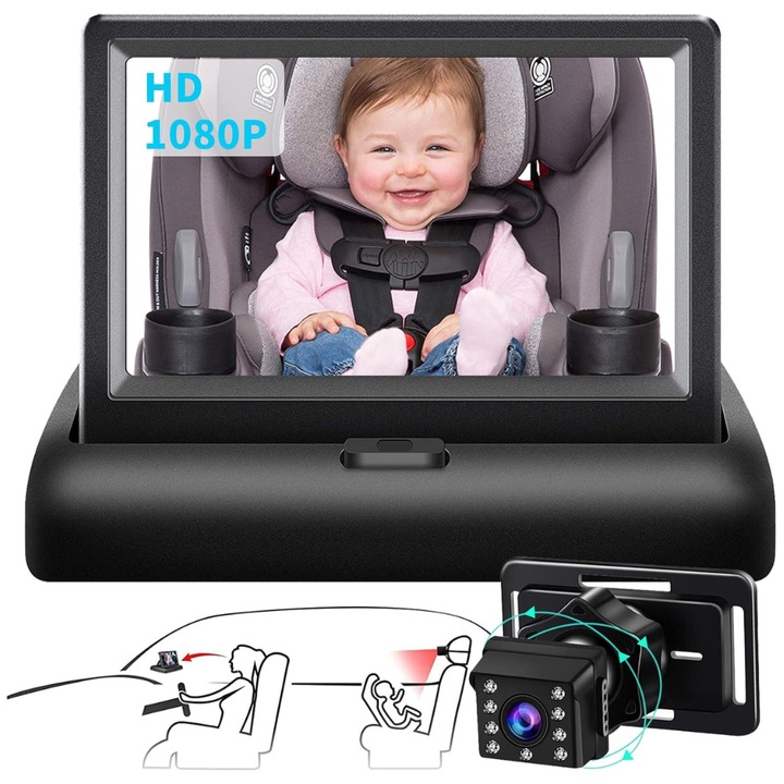 Monitor auto cu camera pentru monitorizarea bebelusilor si a copiilor pentru scaunul din spate, Ecran IPS 4.3 inch, Camera Full HD 1080P cu vedere nocturna, Unghi larg 150°, Incarcare bricheta, Negru