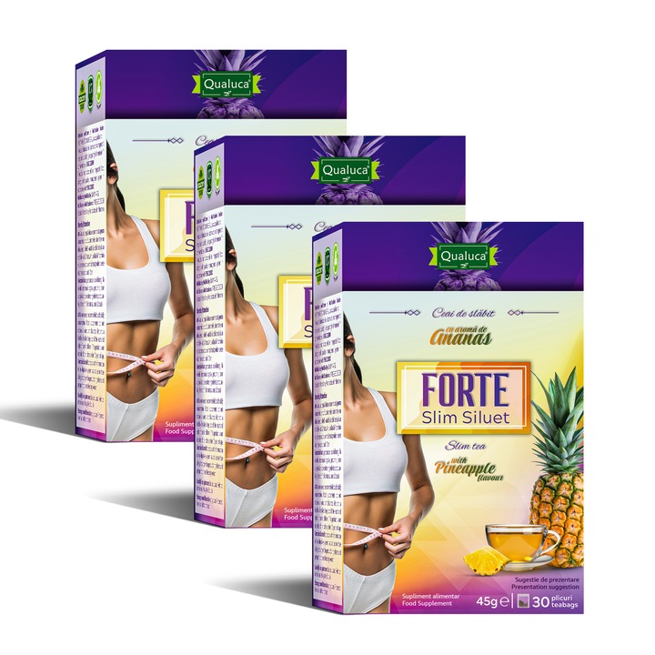 Чай за отслабване, комплекс за отслабване FORTE - 30 дни, чай Qualuca Slim Siluet FORTE с вкус на ананас, зелен чай, сена, комплект от 3 кутии, 90 сашета, 135 гр.