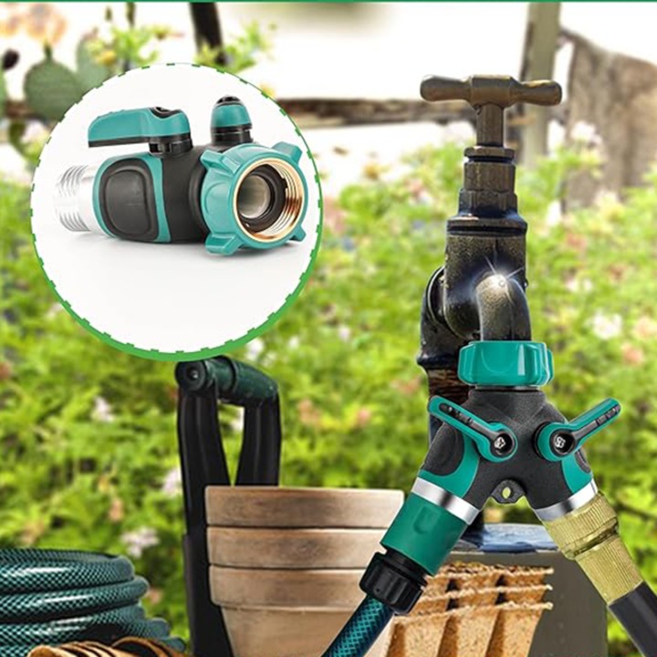 Conector pentru robinet tip splitter 2 cai anti-scurgere, aliaj zinc + cauciuc, filet 3/4”, compatibil universal, control debit pe fiecare valva, rotativ, presiune pana la 10 bari, manere ergonomice, rezistent la rugina, Manolex®