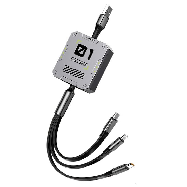 Cablu de date, FOXMAG24, trei în unu, incărcare rapidă, rezistent la răsucire și abraziune, negru, 120cm