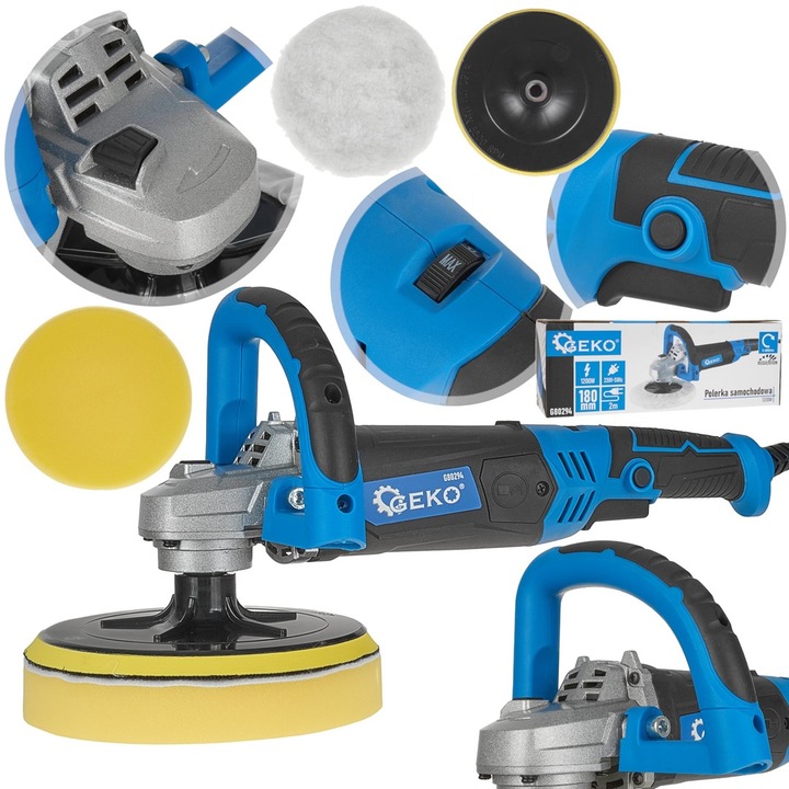 Geko autó polírozó/csiszológép, 1200W, 4800 RPM, 180mm, tartozékokkal
