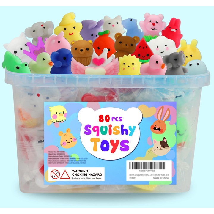 Set 80 Jucarii Squishy OVERTANG, Termoplastic, Animale si Fructe, Multicolor, Galeata de Transport