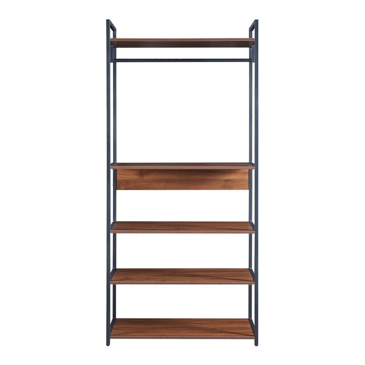 Suport haine, en.casa, PXAT-4430 Larem, 180 x 84 x 40 cm, metal, mdf, negru, nuca, cu 1 sina, si 4 rafturi