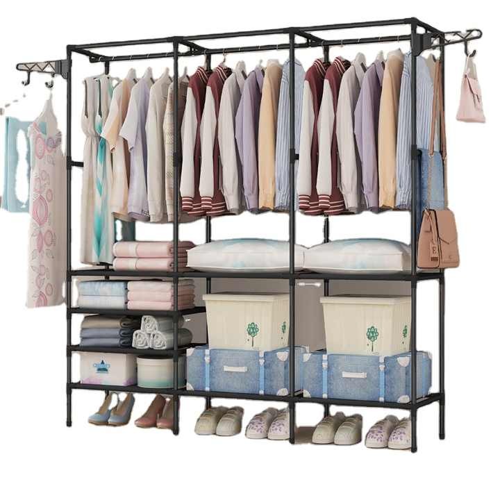 Suport pentru umerase, stander haine, 8 rafturi, 8 carlige, din metal si plastic, modular, negru