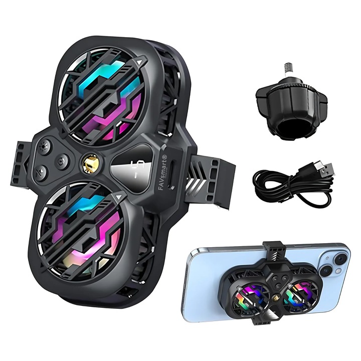 Cooler Telefon Dual cu Lumina RGB FAVsmart®, Compatibil cu iPhone si Android, Gaming, Control Inteligent al Temperaturii pentru Performanta Optimizata si Racire Rapida, Negru