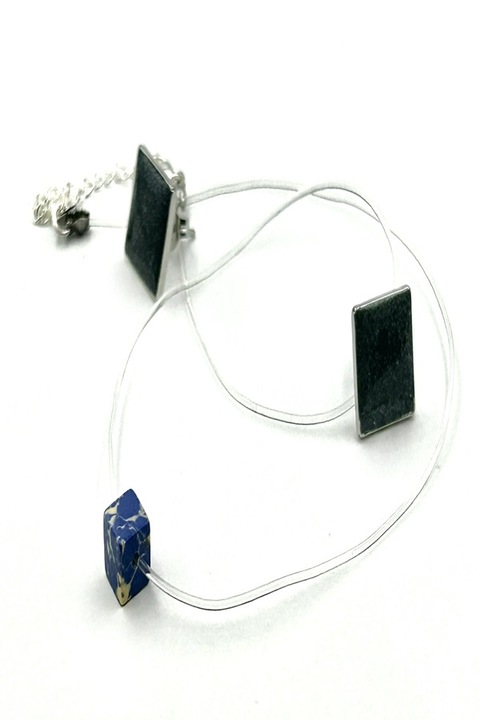 Colier la baza gatului pe fir transparent din silicon cu pandantiv si inchidere reglabila din Argint 925, Ma Bijoux, Handmade, Piatra semipretioasa: Jasp Imperial, Albastru + CERCEI