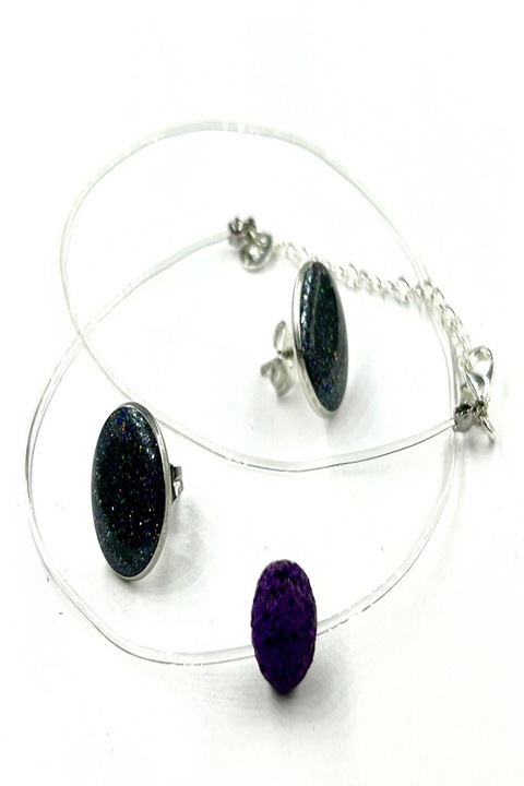 Colier la baza gatului pe fir transparent din silicon cu pandantiv si inchidere reglabila din Argint 925, Ma Bijoux, Handmade, Piatra semipretioasa: Lava Stone, Mov + CERCEI