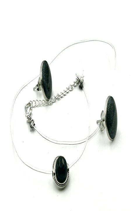 Colier la baza gatului pe fir transparent din silicon cu pandantiv si inchidere reglabila din Argint 925, Ma Bijoux, Handmade, Piatra semipretioasa: Blue Sandstone, Fatetat, Indigo + CERCEI