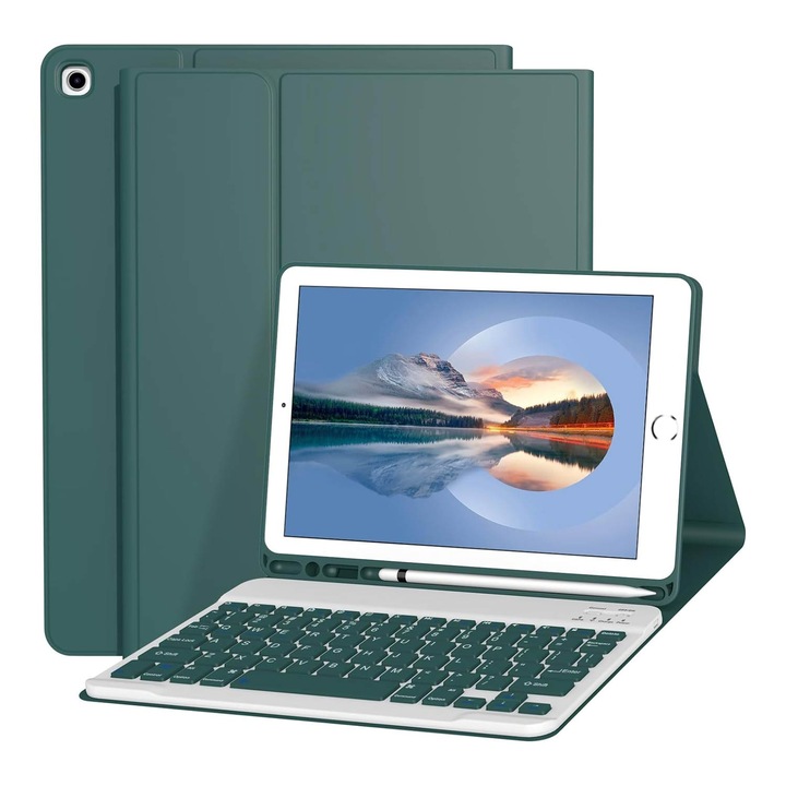 Калъф с клавиатура Apple iPad, безжичен, регулируем ъгъл, за Apple iPad 10,2 инча 9-то/8-мо/7-мо поколение 2021/2020/2019, Bluetooth, неплъзгащо се дъно, преносим, OUYLAF, зелен