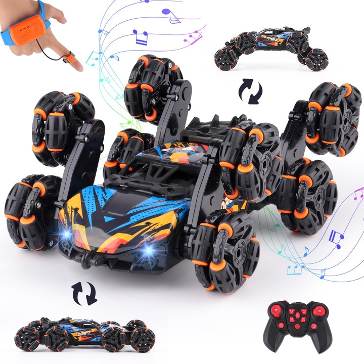 Masina cu telecomanda RC pentru copii, masinuta de cascadorie, de drift cu rotire la 360 grade si rasturnari de 180 grade, rapida, 8 roti， control prin gesturi, potrivita pentru baieti si fete de 6-14 ani, cadou de aniversare pentru copii