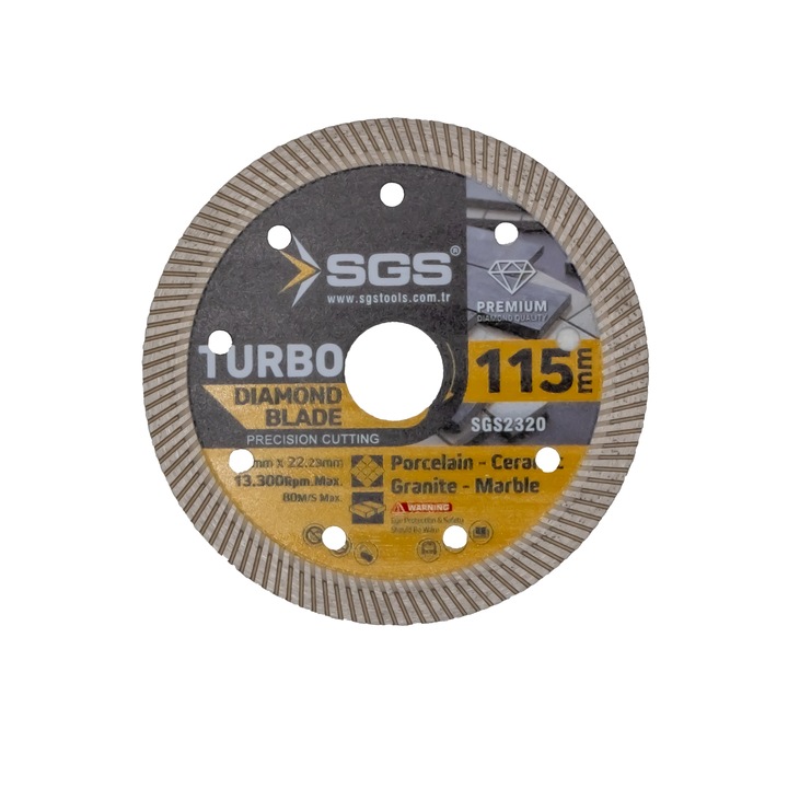 Disc diamantat turbo subtire, dublu segmentat, placi ceramice, taiere umeda si uscata, 125x22.23x1.4 mm, SGS