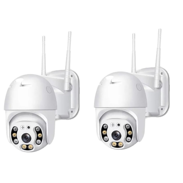 2 db Redrudolf® 3MP WIFI térfigyelő kamera készlet, kültéri vagy beltéri, Full HD 2K, 4X zoom, forgatás az alkalmazásból, világító LED-ek, kétirányú kommunikáció, tárolás kártyán vagy felhőben, fehér