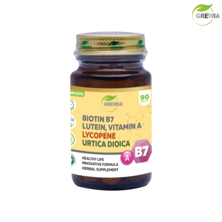 Хранителна добавка Grewia за Коса, Кожа, Нокти, Biotin B7, Lycopene, Lutein, Vitamin A, Urtica Dioica, 90 таблетки