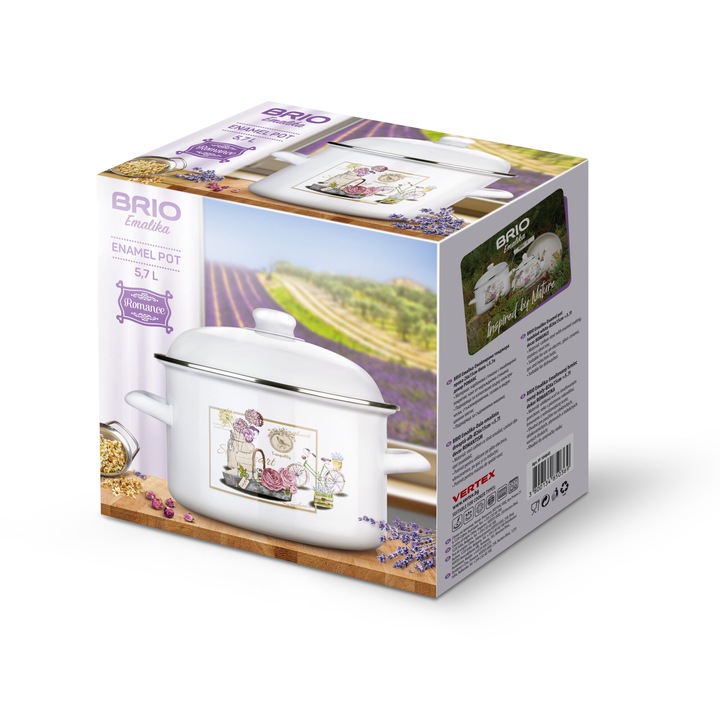 Емайлирана тенджера Brio Emaliкa, права, бяла, Ø26х15см, 5.7л, декор Романс