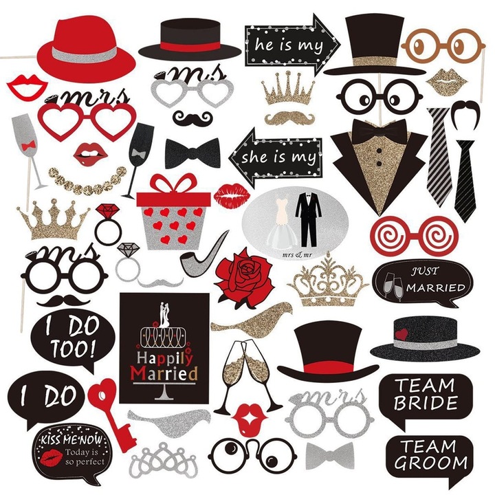 Set recuzita pentru fotografii de nunta, cabina foto, 54 accesorii, props, decoratiuni pentru nunta, petrecere