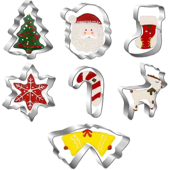 Set 7 forme fursecuri de Craciun, Ren, Mos Craciun, Stea, Brad, Ghetuta, Clopotei, Baston, Inox Argintiu