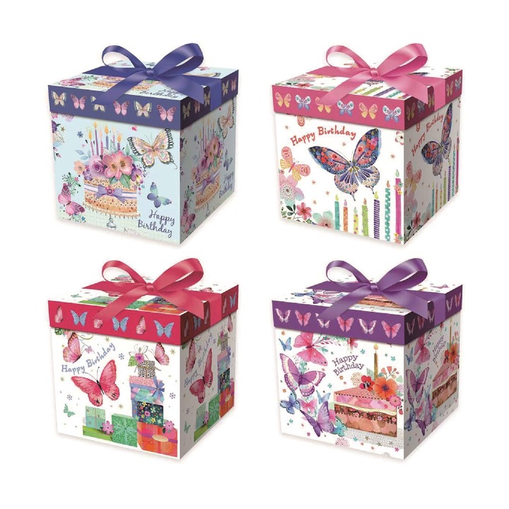 Set 4 cutii cadou multicolor, 15x15x15 cm, diverse modele, fluturi