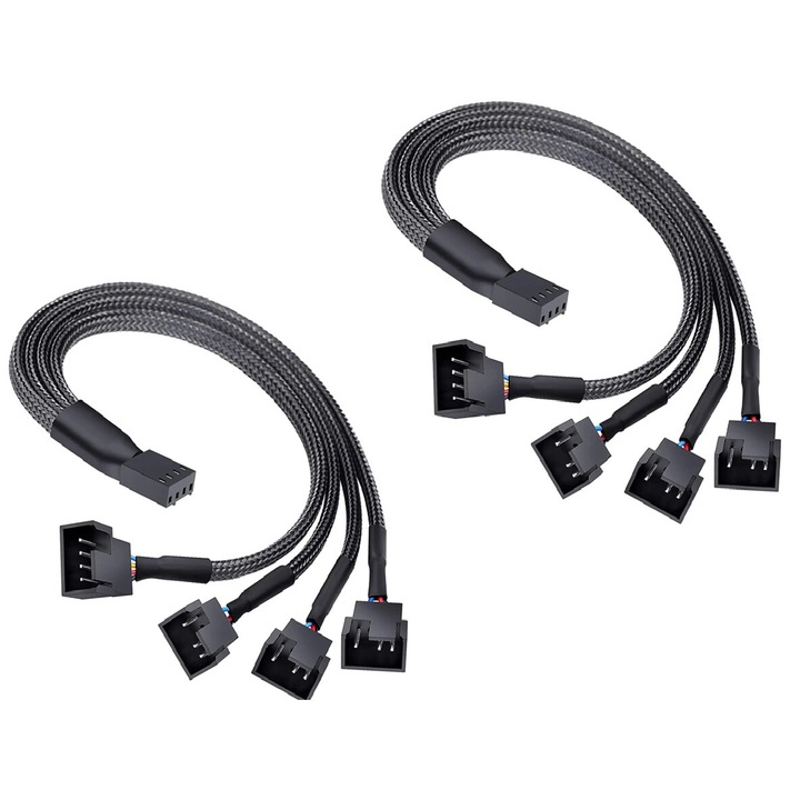Set 2 buc cablu splitter ventilator PWM Hub 1 la 4 adaptor de alimentare, placa de baza PWM cu 4 pini pentru calculator CPU/ventilator carcasa
