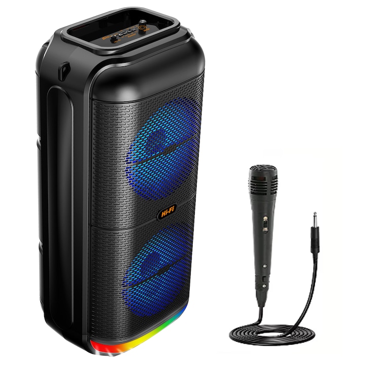 Boxa Portabila Tip Troler WowStep®, Microfon, Bluetooth 5.0, 20W, 2400mAh, Jocuri Lumini RGB, Conexiune USB, Auxiliar, Card SD, Radio, Doua Difuzoare 6.5 Inch
