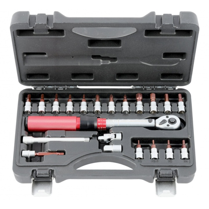 Trusa cheie dinamometrica cu prelungitor si biti, QUATROS, 1/4", 5-25 Nm, 21 piese