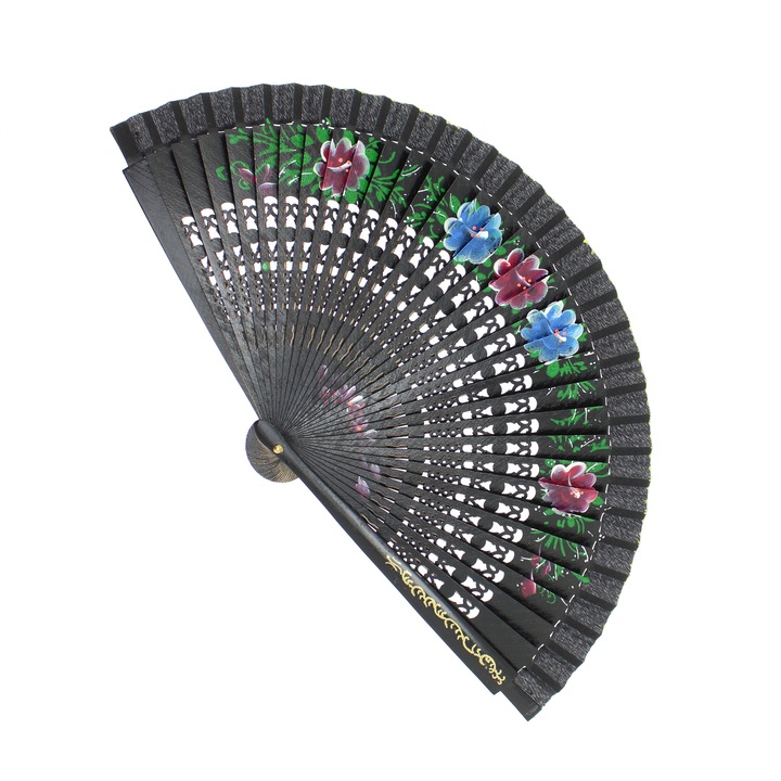 Сгъваем вентилатор, Buticcochet, дърво, флорален принт, 23 см, черен - EV325