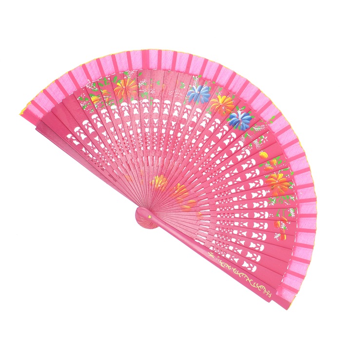 Összecsukható ventilátor, Buticcochet, fa, virágmintás, 23 cm, Sötét rózsaszín - EV331