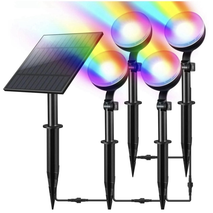 Комплект от 4 соларни проектора Sao Bento, RGB, IP65, соларен панел 5V/4W, LED SMD 2835, 2M дължина на кабела, 3,7V/1500mAH*3 Li-Ion батерии