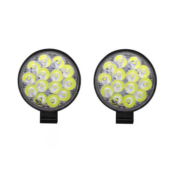 Proiector Auto (Set 2 buc) din Aluminiu cu 14 LED-uri, Pentru Offroad Motostivuitor ATV Buggy, 42W, DC 9-30 V, 6000K, Rotund 84x84 mm